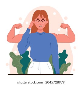 Woman power concept. Brave girl stands and smiles, selfconfidence. Lady shows biceps, hidden strength. Facing fears like powerful hero. Cartoon flat vector illustration isolated on white background
