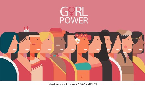 woman power concept, character of diversity young girls, feminist, female and lady for poster, banner, card and landing page flat vector illustration