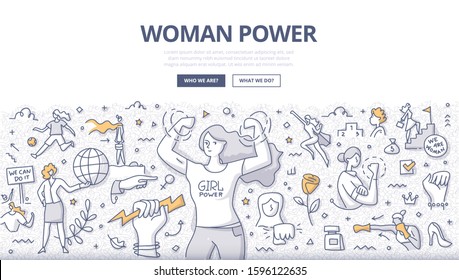 Woman Power Concept. Woman With Flexed Arms Shows Biceps, Demonstrating The Power. Doodle Illustration For Web Banners, Hero Images, Printed Media