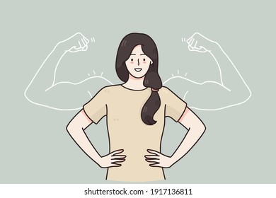 Woman power  female self confidence  high esteem concept  Brave confident smiling woman standing showing biceps shadows facing fears like powerful hero feeling powerful confident and inner strength 