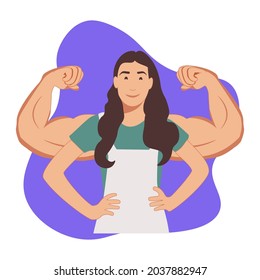 Woman power, female self confidence, high esteem concept. Brave confident smiling woman standing showing biceps shadows facing fears like powerful hero feeling powerful confident with inner strength