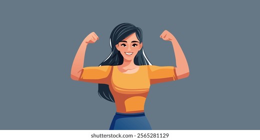 Woman power, female self confidence, high esteem concept. Brave confident smiling woman standing showing biceps shadows facing fears like powerful hero feeling powerful confident with inner strength