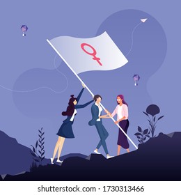 Woman power and feminism concept-Group of female standing together and waving the flag with a Venus sign