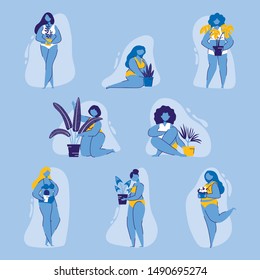 Woman Power Flat Cartoon Vector illustration. Plus Size Girl Holding Pot with Plant. Happy Body Positive Concept. Love Body. Attractive Overweight Woman. For Fat Acceptance Movement.