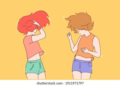Woman power, fooling, happiness concept. Two smiling positive young women sisters with bright hair dancing moving hair outdoors having fun together vector illustration 