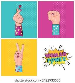 woman power hands, set vector illustration pop art style