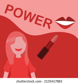 woman power with lips lipstick is a vector styled illustration with colors in red tones.