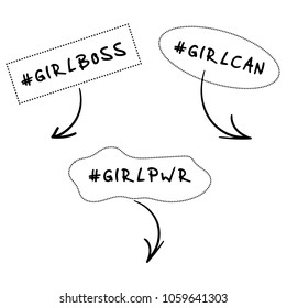 Woman power quotes collection. Girl pwr. Girls boss. Girl can. Inscription hashtags in frame isolated on white background. Inspirational phrases. Feminist stickers in minimalist style. Vector design.