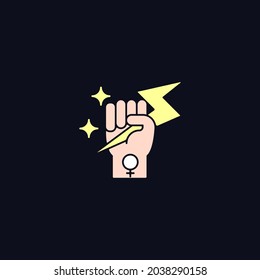 Woman power RGB color icon for dark theme. Female energy. Enhancing inner strength. Leadership in movement. Isolated vector illustration on night mode background. Simple filled line drawing on black