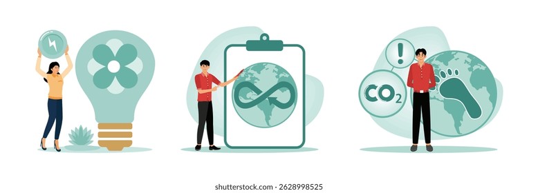 Woman with a power symbol beside a stylish and floral light bulb. Man presenting a graphic featuring Earth, highlighting sustainability. Footprint and CO2 symbols representing climate change awareness