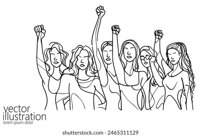  Manos de votación de poder femenino levantándose al cielo. Una línea continua de arte feminista en línea. Concepto de diversidad del día de elecciones. Dibujo a mano boceto personas Ilustración vectorial