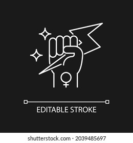 Woman Power White Linear Icon For Dark Theme. Female Energy. Enhancing Inner Strength. Thin Line Customizable Illustration. Isolated Vector Contour Symbol For Night Mode. Editable Stroke