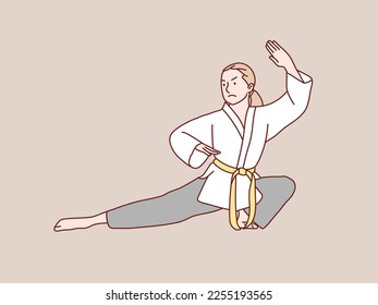 Woman practice karate red belt do low kick training simple korean style illustration