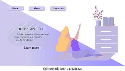 Woman practice meditate and yoga at home. Relaxation and recreation background. Vector design for New normal lifestyle.