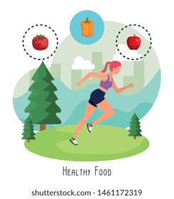woman practice sport with pepper and apple with tomato