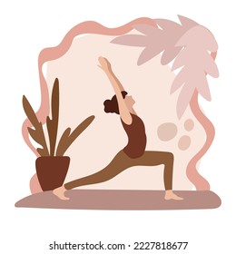 Woman practice yoga exercise. Active person enjoying aerobics. Woman practicing body stretching. Flat style. Vector.