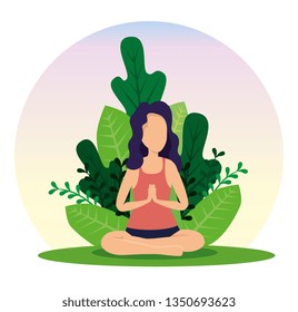woman practice yoga with plants leaves