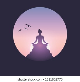 A woman practices meditation on the top of mountain in the morning. Meditation theme with silhouette woman training yoga and meditates during sunrise. Vector illustration.