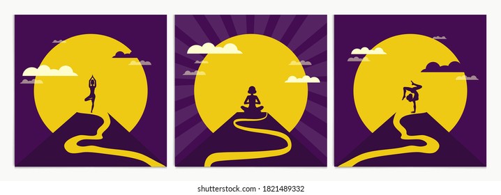 Woman practices meditation and yoga on top of mountain in morning. 