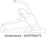 A woman practices a seated side stretch yoga pose, reaching over her head while holding her foot. Ideal for flexibility, balance, and wellness concepts.