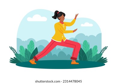 A woman practices tai chi in a serene garden for health and relaxation.