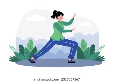 A woman practices tai chi in a serene garden for health and relaxation.