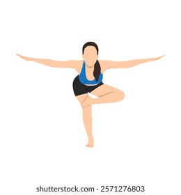 Woman practices yoga asana, balance pose on a foot. Flat vector illustration isolated on white background