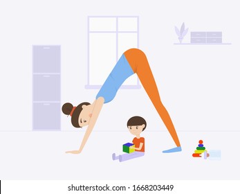 Eine Frau übt Yoga. Ein Kind spielt neben Mama.