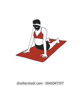 woman practices yoga with cosmetic mask on her face. Beauty and care for body and soul. Asana. Hand drawn control outline female silhouette. 