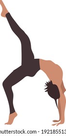a woman practices yoga in the hall and stands in a pose