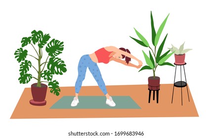 A woman practices yoga in her room. Illustration of a girl in sport pants and sport bra doing her workout. Home fitness concept. Illustration in a flat style of a girl doing sports.