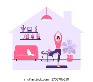 A woman practices yoga at home. A girl is standing in a yoga pose. Physical and spiritual practice. Morning meditation. Stay home while quarantined. Vector illustration in a flat cartoon style.