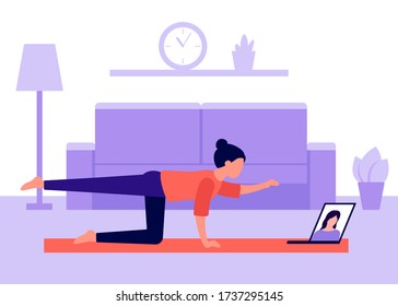 Woman practices yoga at home and watches video on laptop. Videoconference in sports, communication. Active leisure at home, doing exercises, health care. Vector illustration