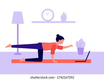 Woman practices yoga at home and watches video on laptop. Videoconference in sports, communication. Active leisure at home, doing exercises, health care. Vector illustration