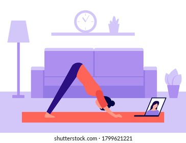 Woman practices yoga at home and watches video on laptop. Pose downward facing dog. Videoconference in sports, communication. Active leisure at home, doing exercises, health care. Vector illustration