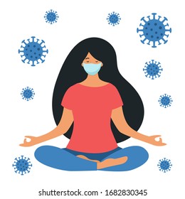 A woman practices yoga with a medical mask on her face. Coronavirus protection. Home quarantine. Flat style vector illustration.