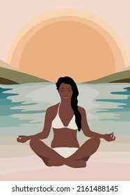 Woman practices yoga and meditates in the lotus position on sunset beach background. Concept for vacation, holiday and travel. Summer time. Cartoon style flat vector illustration.