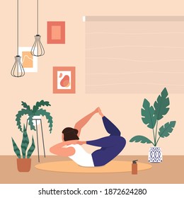 A woman practices yoga, meditating. Yoga classes while quarantined during the coronavirus COVID-19. Vector flat illustration.