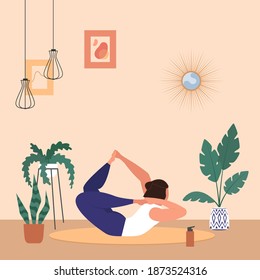 A woman practices yoga, meditating. Yoga classes while quarantined during the coronavirus COVID-19. Vector flat illustration.