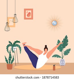 A woman practices yoga, meditating. Yoga classes while quarantined during the coronavirus COVID-19. Vector flat illustration.