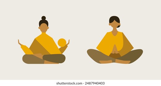 Woman practices yoga and meditation. Kundalini and reiki healing energy. Mind mental health, connect the universe, power concept. Vector illustration for design interior poster, card, banner