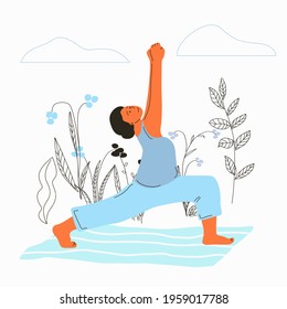 A woman practices yoga in nature among the herbs. Illustration in doodle style.