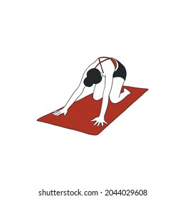 Woman practices yoga on sports mat. Asana. Meditation. Hand drawn vector. 