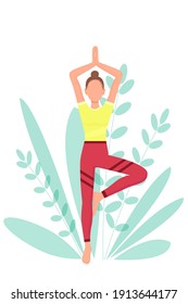 Woman practices yoga on the street. Vector, girl goes in for sports. Healthy lifestyle, meditation. Quarantine, isolation sports. Concept, cartoon.