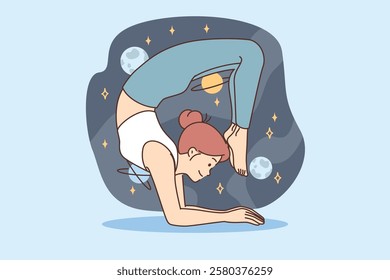 Woman practices yoga and pilates, taking difficult pose and imagining cosmos full of stars and planets. Girl tries to achieve prices with help of yoga meditations, taking care of own health