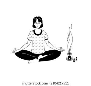 Woman practices yoga sitting on the Saddhasana and enjoys the smell of aroma oil. Vector black and white illustration in outline style	