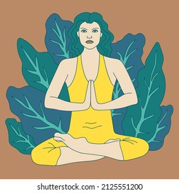 A Woman Practices Yoga While Sitting In A Lotus Position With Her Eyes Open. Flat Design Vector Concept. Meditation Concept, Health Benefits Of Body, Mind And Emotions. Flat Design Vector Concept.