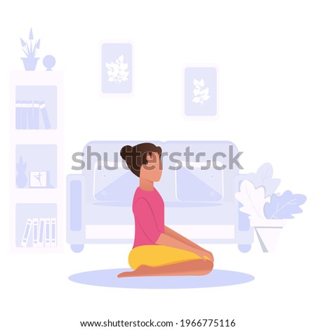 Woman practices yoga while sitting at home. The yoga pose is called Olmaz. The concept of a healthy lifestyle in the year of the pandemic. Quarantine. Insulation. Flat. Cartoon style. Vector.