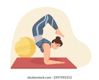 Woman practicing advanced yoga pose on a mat with a yellow exercise ball nearby. Flat vector illustration on a light abstract background. Concept of fitness and flexibility