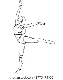 Woman practicing ballet arabesque pose in dance studio Continuous Line Art Vector Illustration
